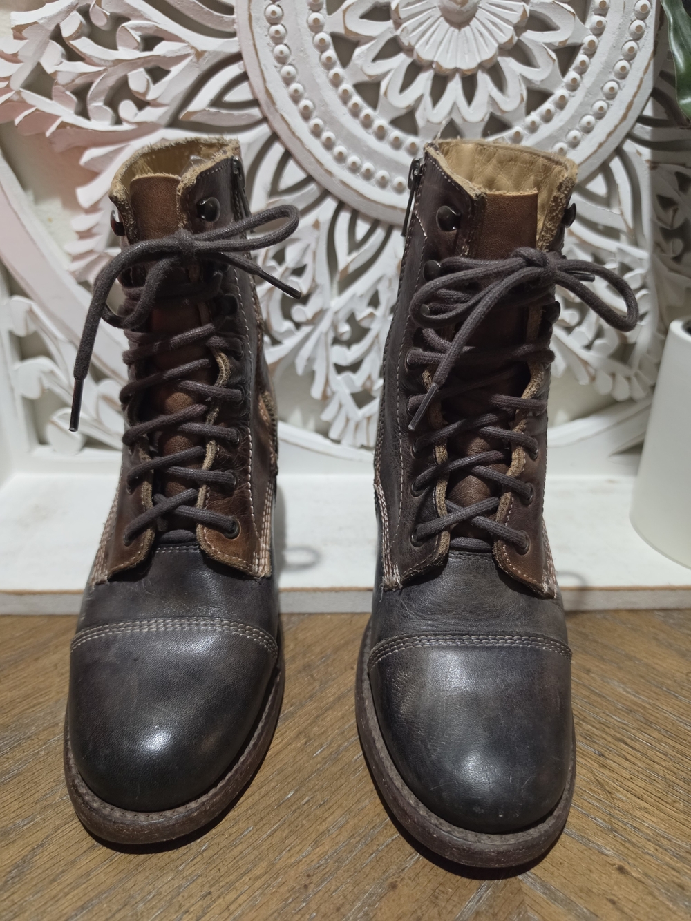 Leather Lace-Up Ankle Boots - Brown/Black - Picture 2 of 12